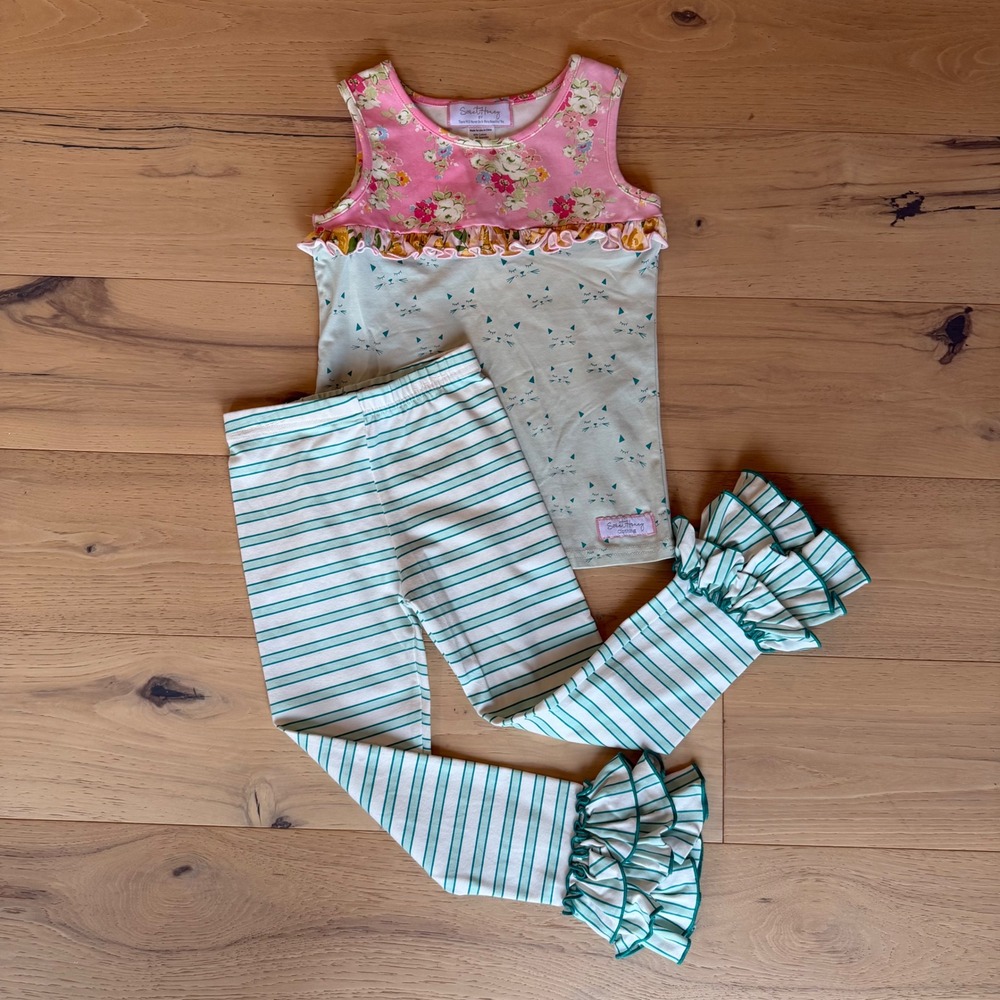 SweetHoney Girls Floral Cat Print Tank and Striped Ruffle Leggings Set Size 8